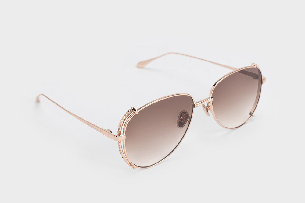 Gem-Embellished Wireframe Aviator Sunglasses - Rose Gold